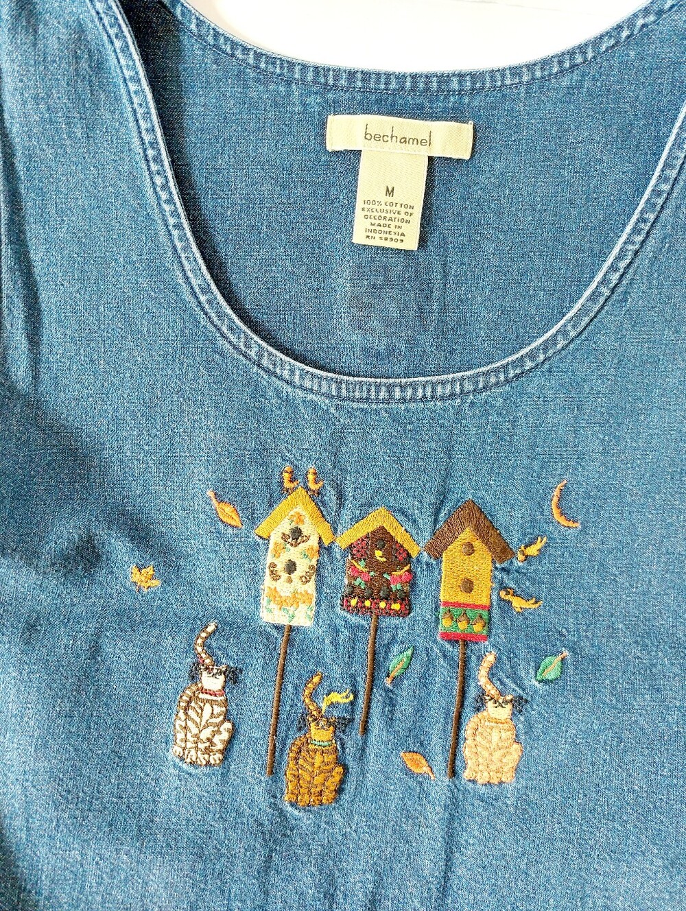 Cats & Birdhouses Denim Jumper Dress Bechamel Medium Teacher Cottagecore Granny
